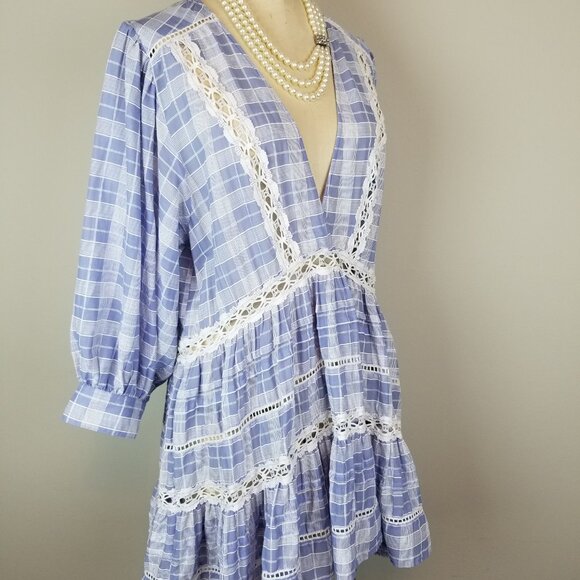 Adorable Free People Light Blue & White Plaid w/Lace Time Out Tunic * Size Med - Picture 9 of 11